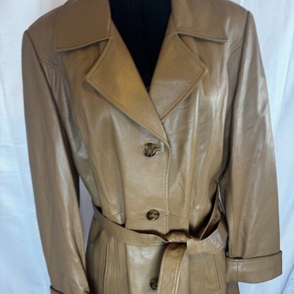 Vintage Chic Peruzzi Italy Caramel Brown Leather Tie Trench Coat Sz Lg - Picture 10 of 13